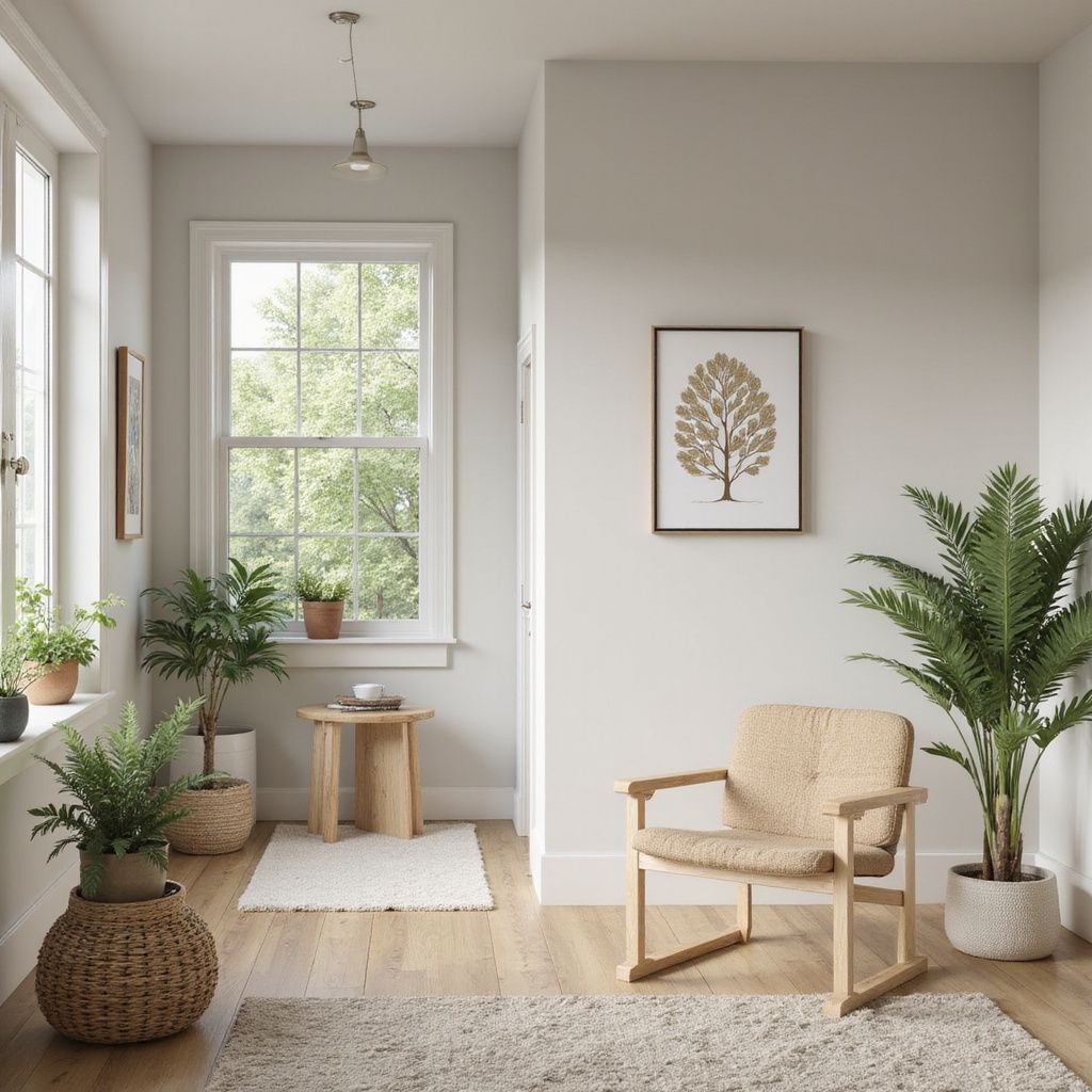 Stanza luminosa con una sedia, piante e un'opera d'arte raffigurante un albero incorniciata.