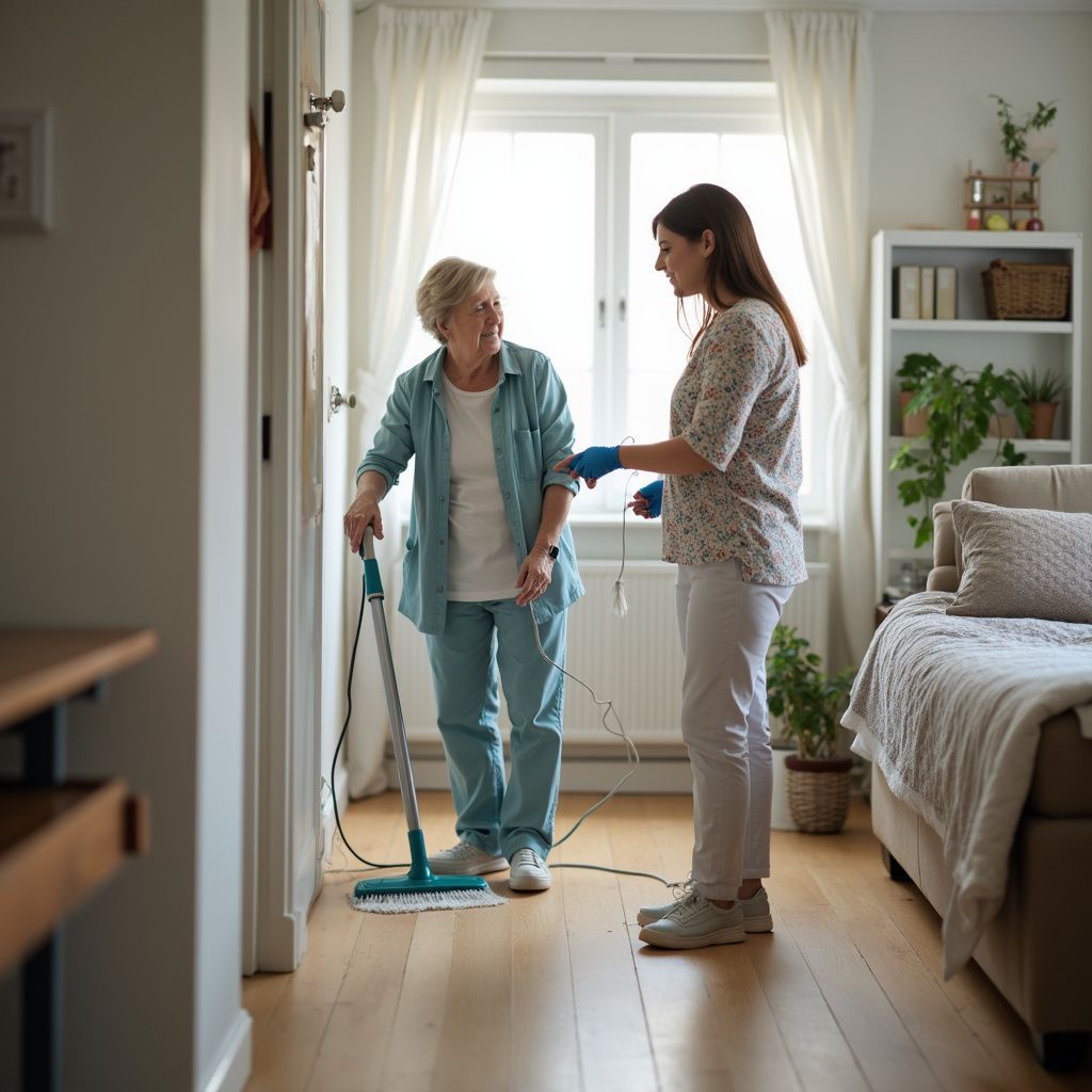 Una donna aiuta un'altra donna a lavare i pavimenti in una stanza soleggiata, vicino a una finestra, mentre parla.