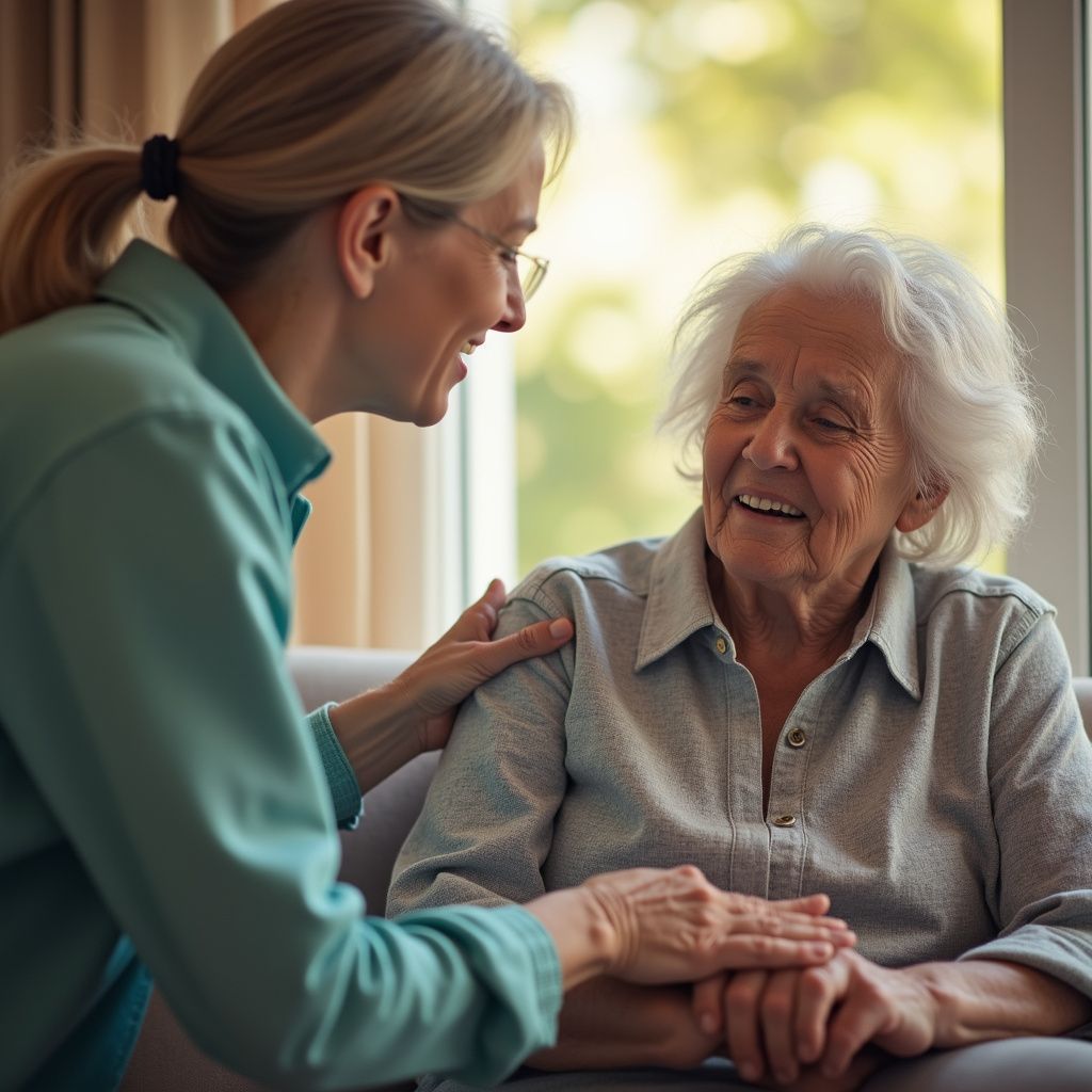 Una persona giovane con una mano sulla spalla di una persona anziana, entrambe sorridenti. Vicino a una finestra.