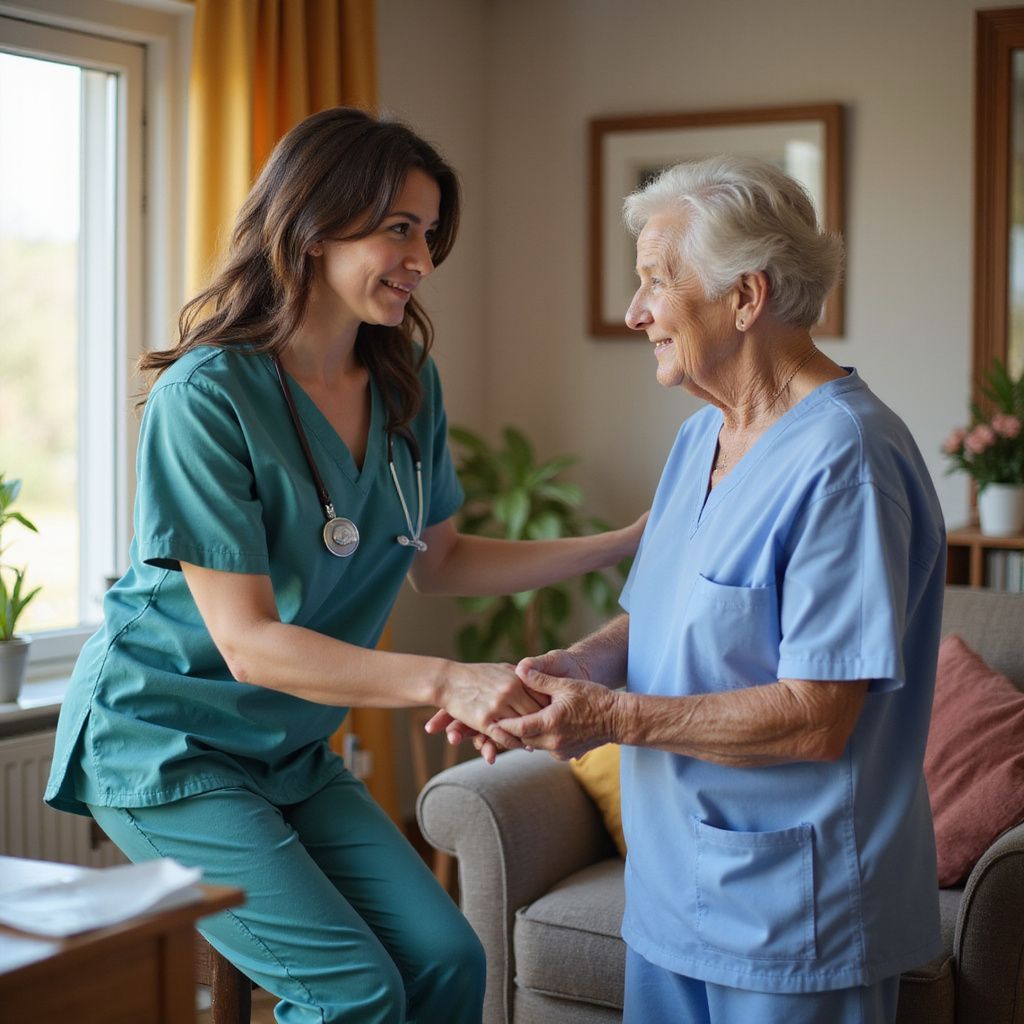 Un'assistente in camice verde aiuta una persona anziana in camice blu, in un ambiente chiuso, con una finestra e delle piante.