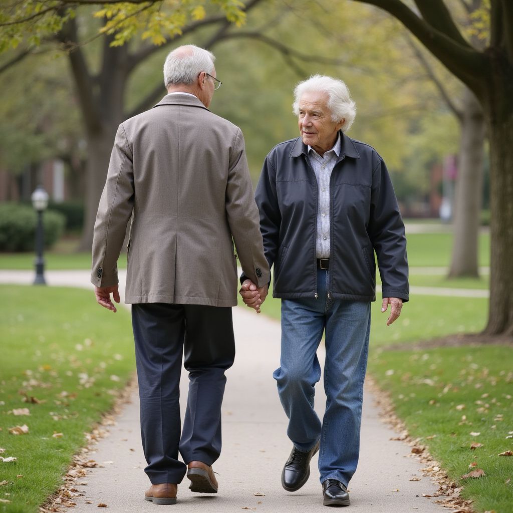 Due persone che si tengono per mano, camminano su un sentiero in un parco, con alberi ed erba sullo sfondo.