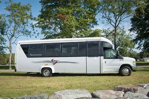 White passenger bus parked on grass, trees in background.
