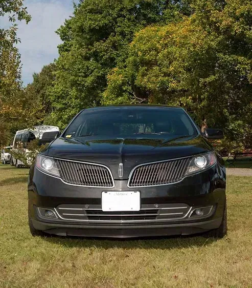 Black SUV parked on grassy shore, lake and trees in the background.