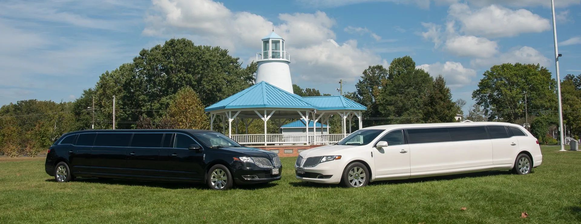 Two limousines, black and white, parked on grass with a gazebo in the background.