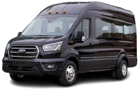 Black luxury van with open door, parked outdoors. Interior with beige seating is visible.