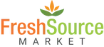 Logo for FreshSource Market with orange and green leaves above the company name in orange and green.