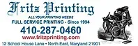 Fritz Printing logo with printing press graphic, phone number, website, and address.
