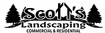 Logo for Scott's Landscaping featuring text, a house silhouette, and pine trees; includes 