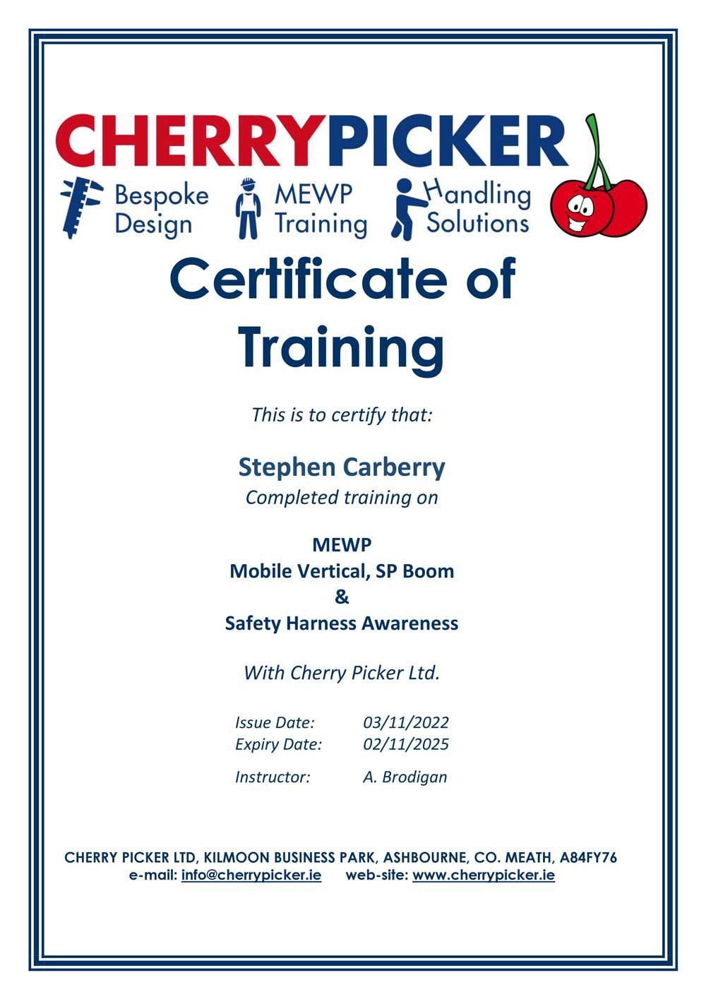 A cherrypicker certificate of training for stephen carberry