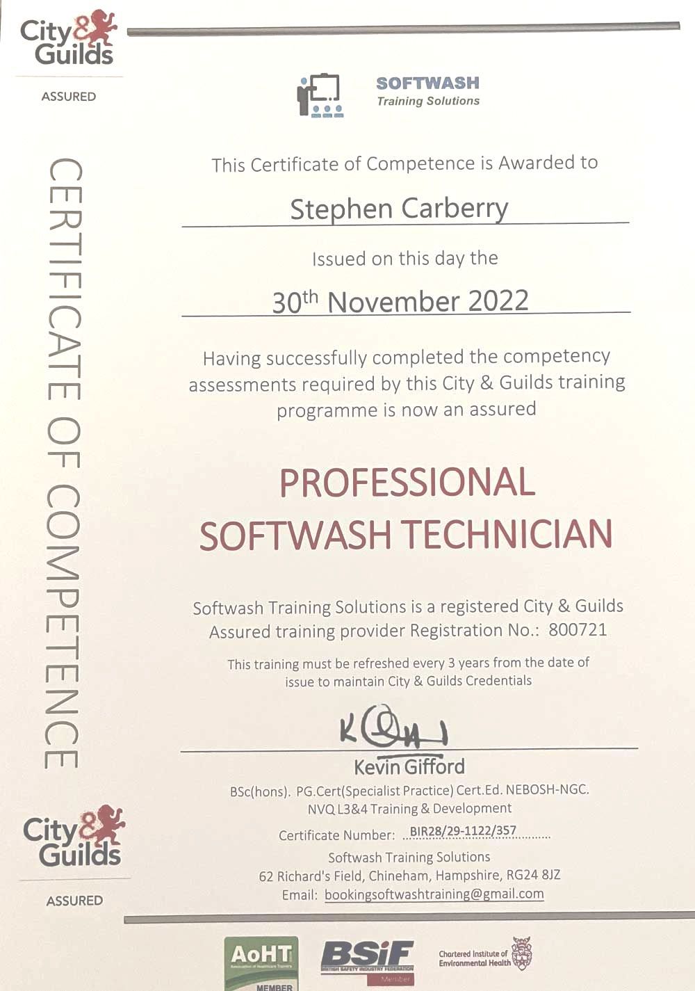 A certificate of competence for a professional softwash technician.