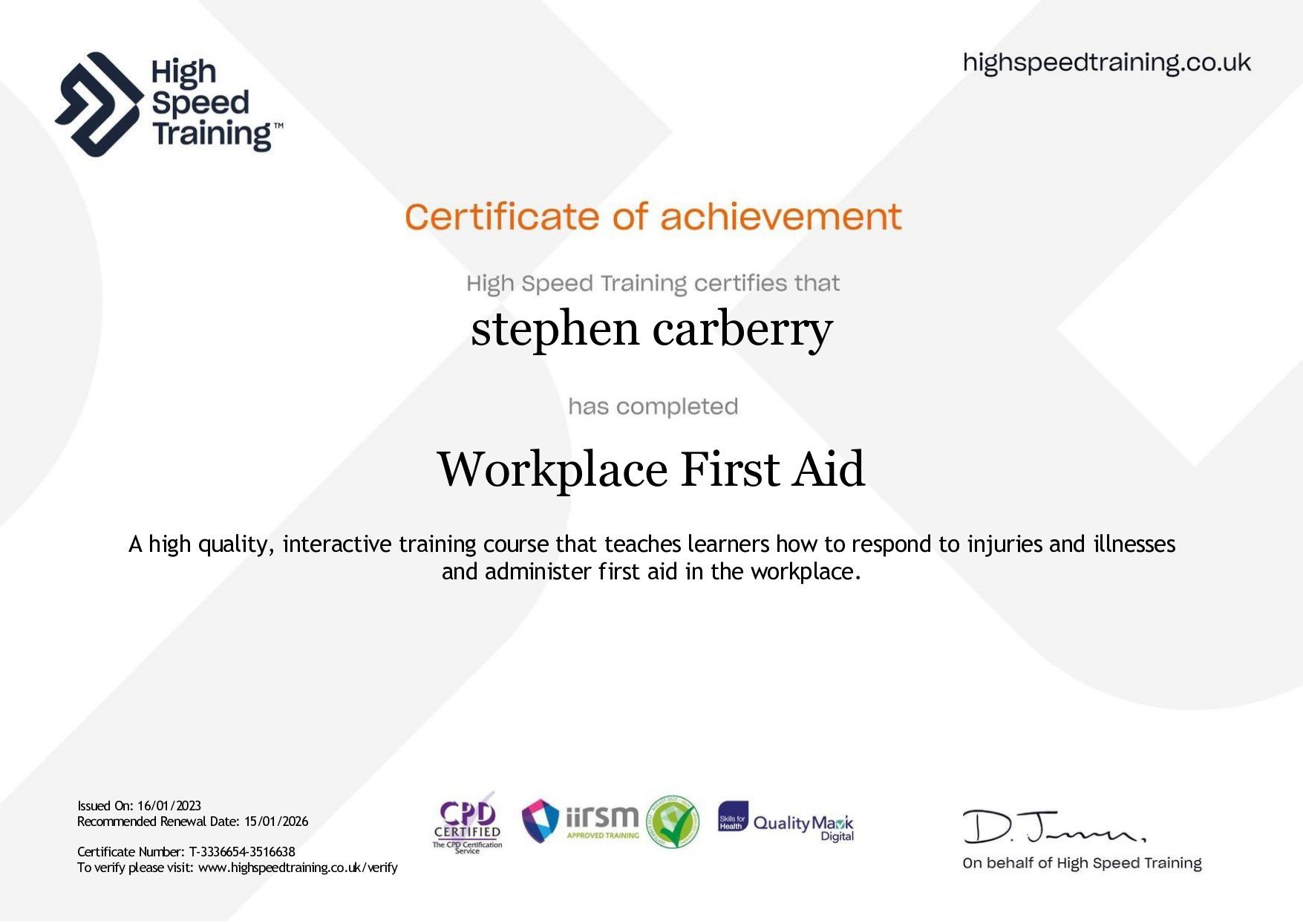 A certificate of achievement for a person who has completed a workplace first aid course.