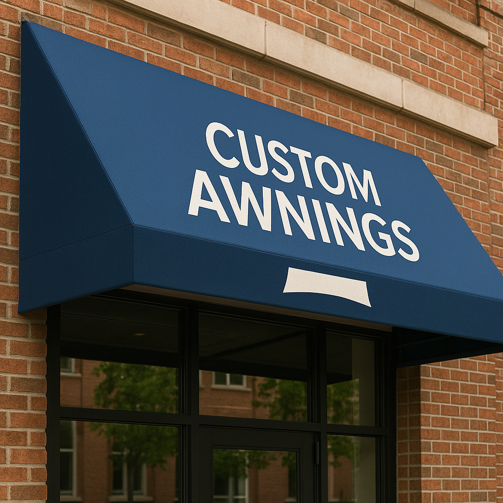Black awning over a window, with hanging ferns in front. Brick wall background.