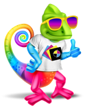Colorful chameleon mascot wearing sunglasses and a shirt giving a thumbs up.