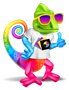 Colorful chameleon mascot wearing sunglasses and a shirt giving a thumbs up.