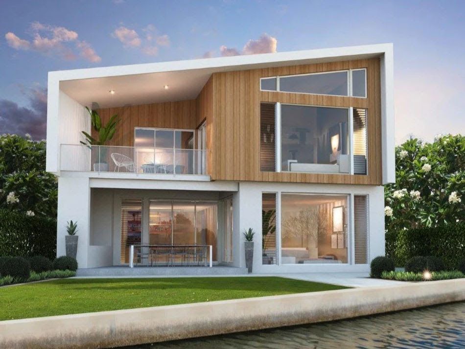 Modern two-story house with white exterior, wood accents, and large windows on a canal.