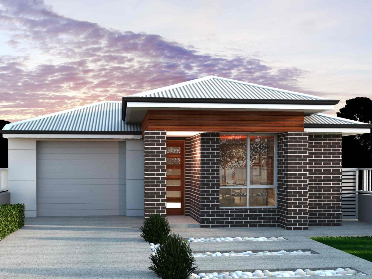 Modern brick house with a garage, front door, and large window.