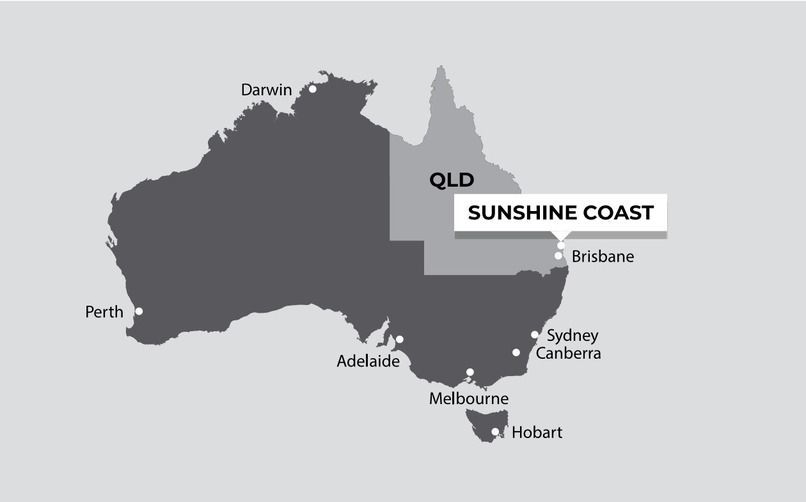 Map of Australia highlighting Queensland and the Sunshine Coast.