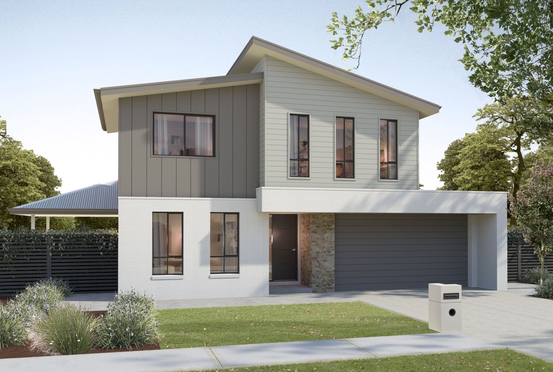 Modern, single-story house with gray roof, light exterior walls, and a driveway.
