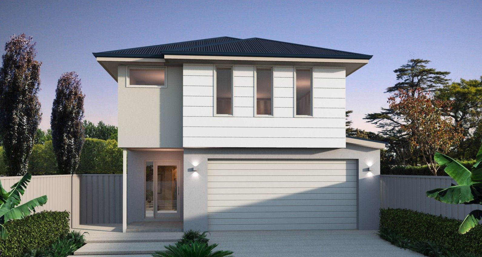 Modern, single-story house with gray roof, light exterior walls, and a driveway.