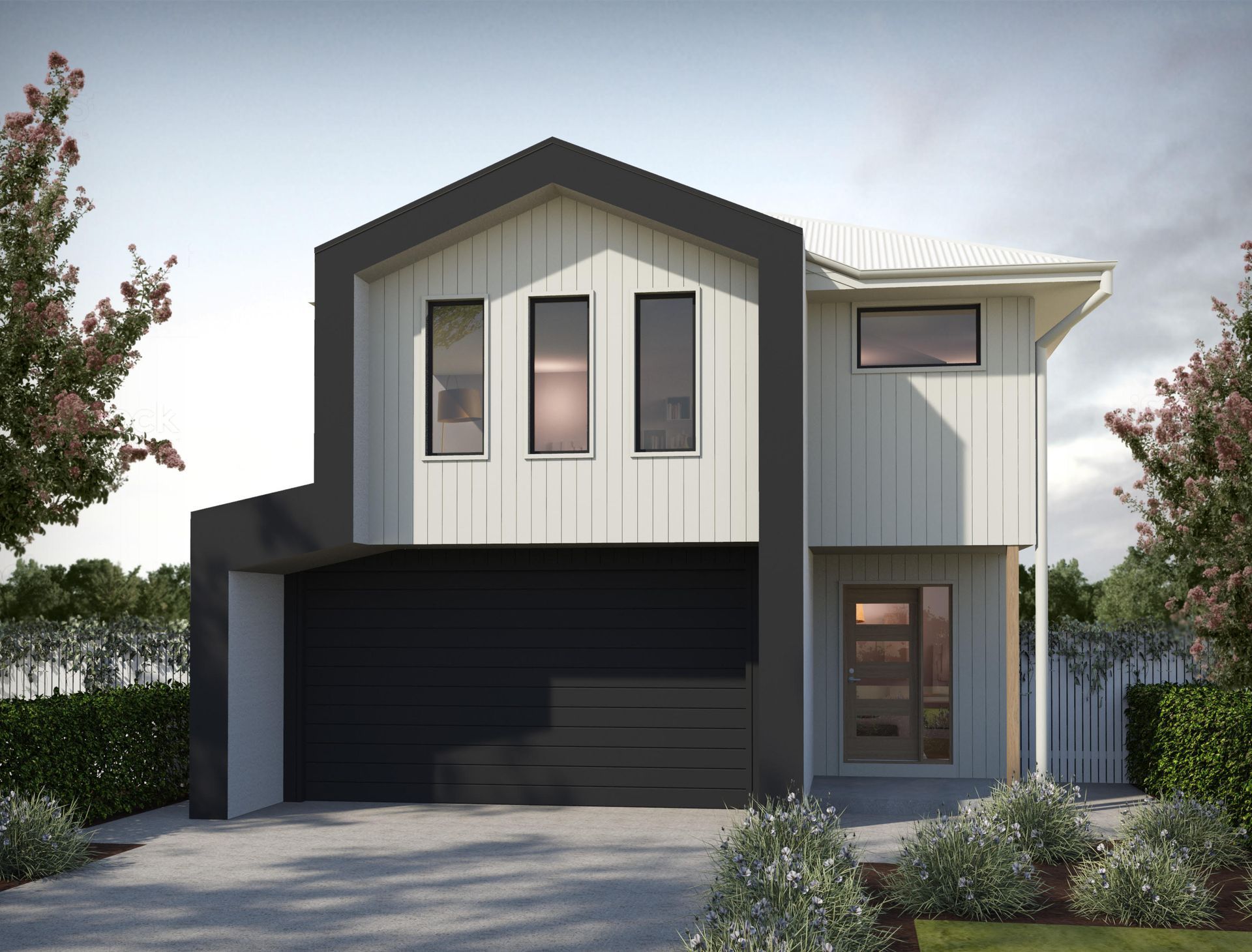 Modern single-story house with gray facade, garage door, and asymmetrical roof against a blue sky.