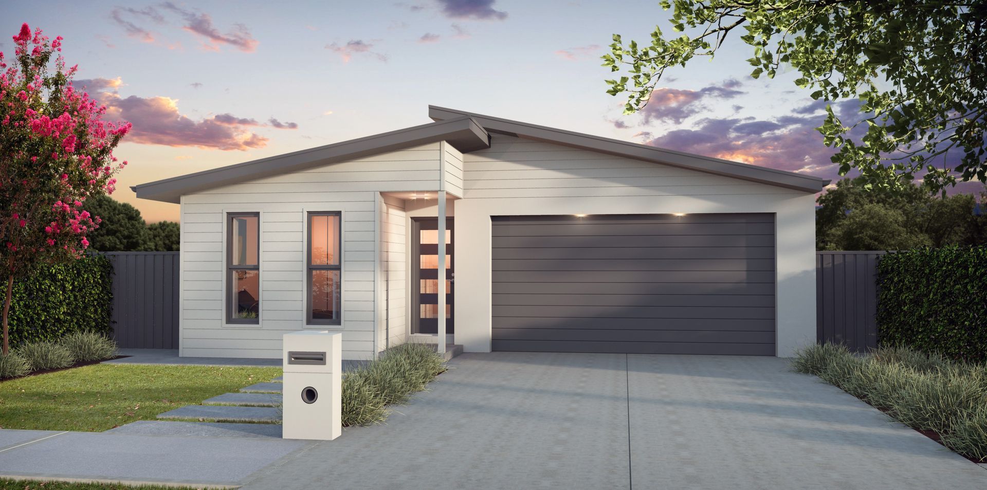 Modern white house with gray roof and garage door; driveway and front yard.