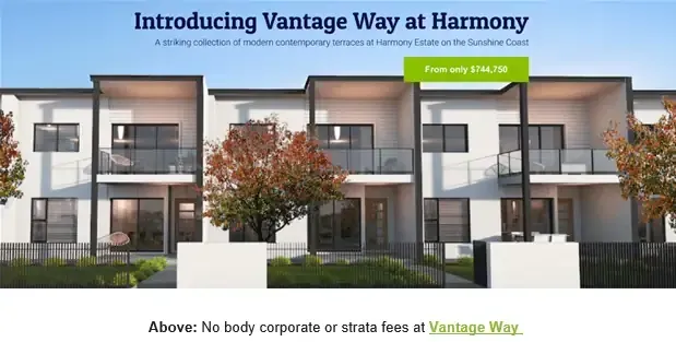 Modern townhouses with trees, Vantage Way at Harmony. Text says