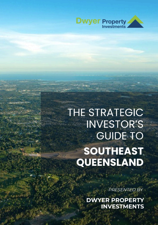 Cover: Strategic investor's guide to Southeast Queensland; aerial view of green land, blue sky. Dwyer's logo.