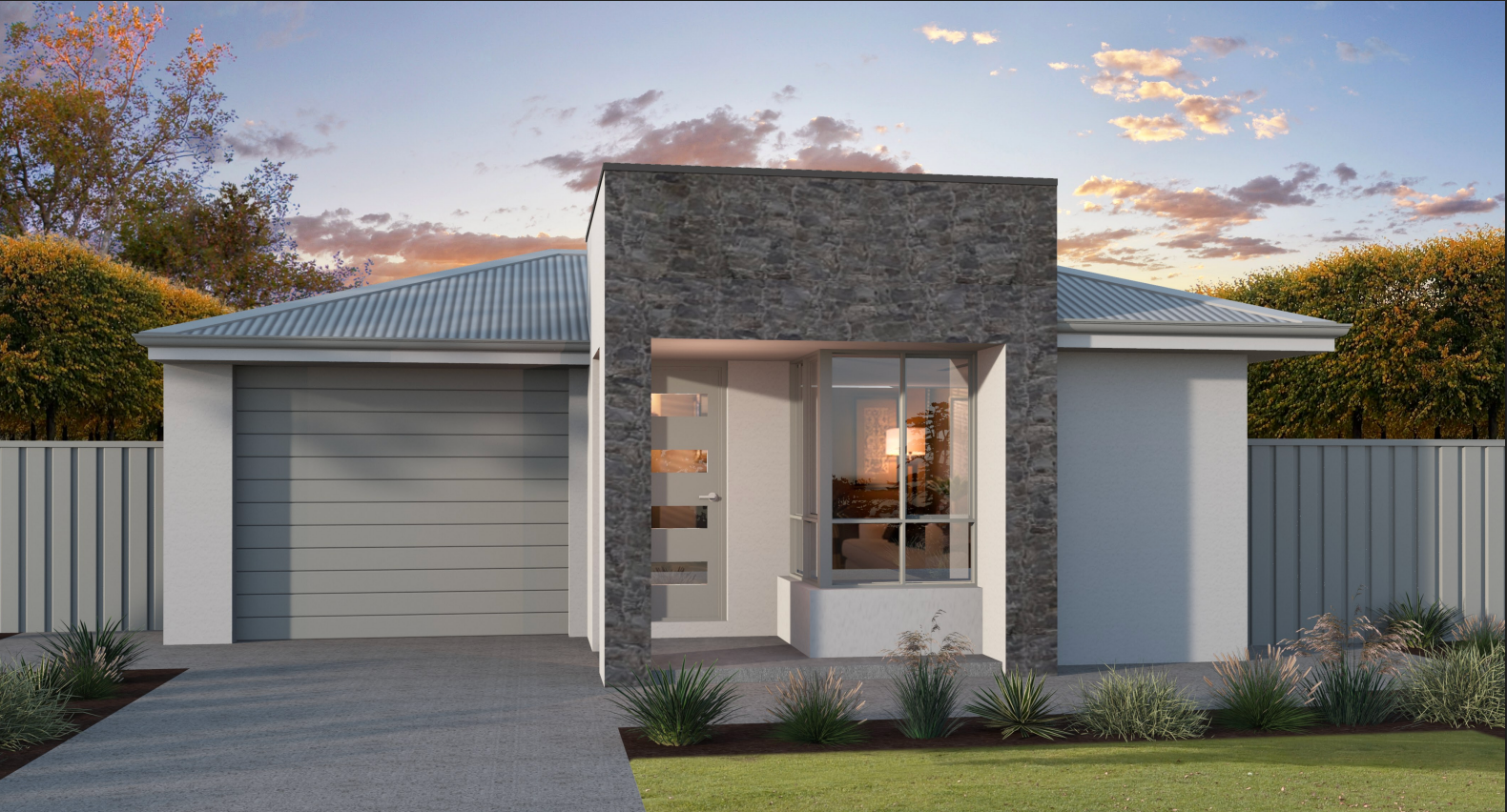 Modern single-story house exterior with a garage, front entry, and stone-accented facade at sunset