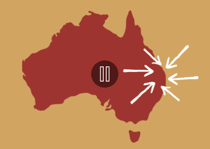 Red silhouette of Australia with white arrows pointing to the eastern coast.