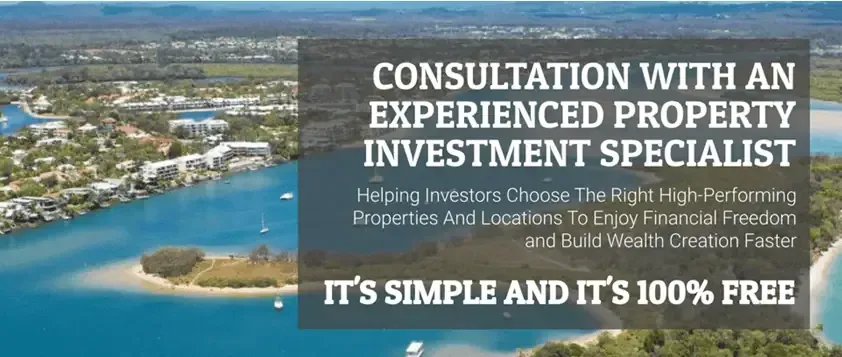 Aerial view of a coastal area with text promoting a free consultation with a property investment specialist.