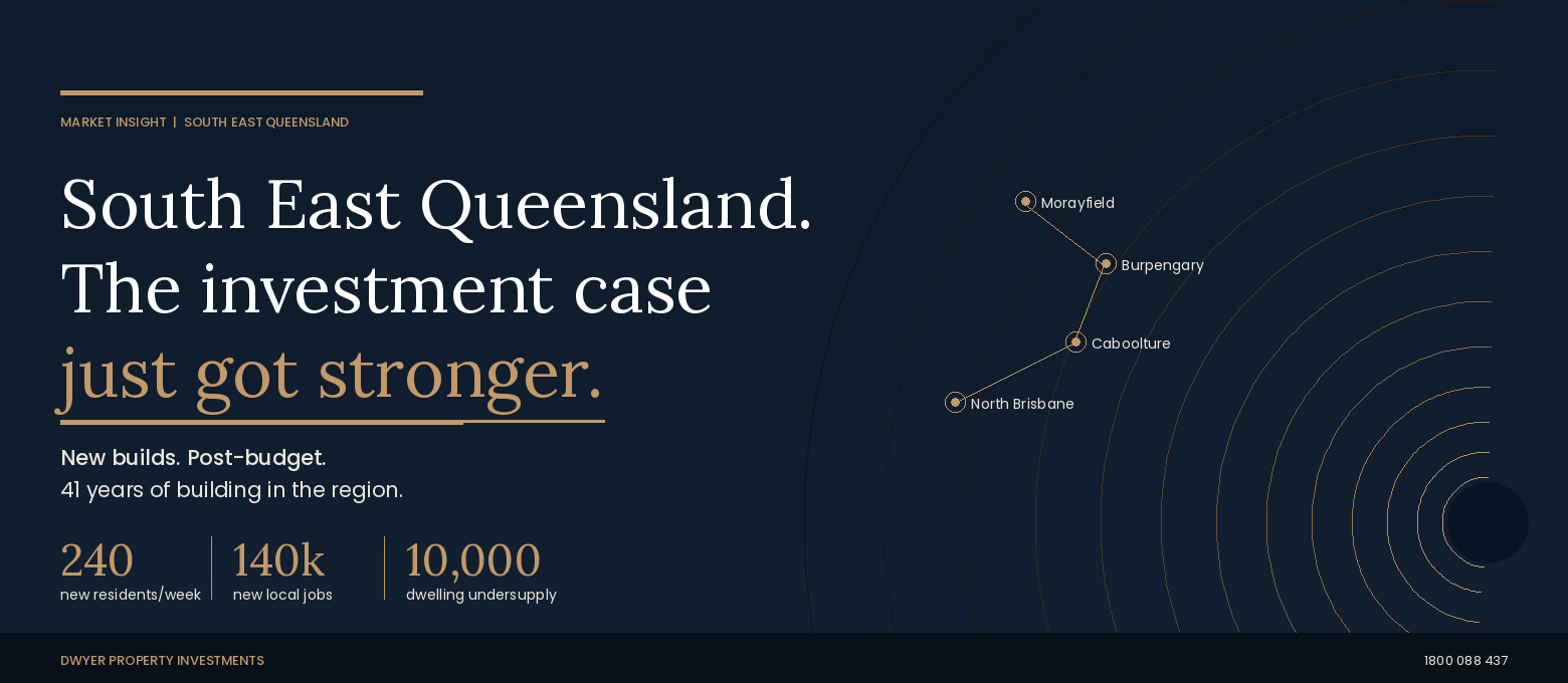 Dark blue South East Queensland investment case slide with headline, stats, and map graphic