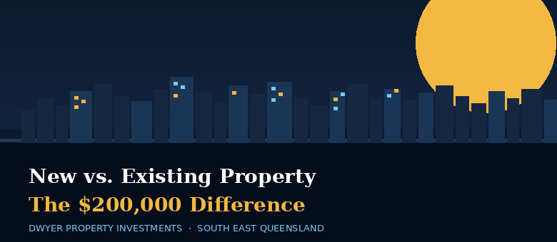 News vs. Existing Property, $200,000 difference, city skyline at sunset