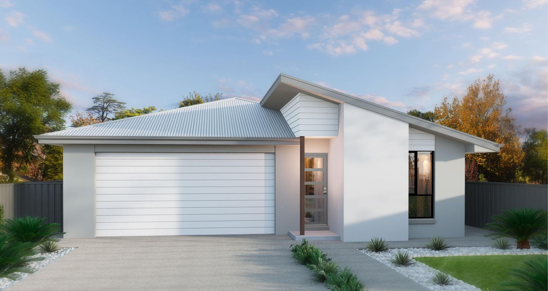 Modern, single-story house with a white exterior, gray roof, and attached garage.