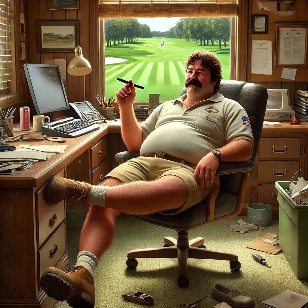 Golf course superintendent sitting in his office discussing the benefits of aerating golf greens.