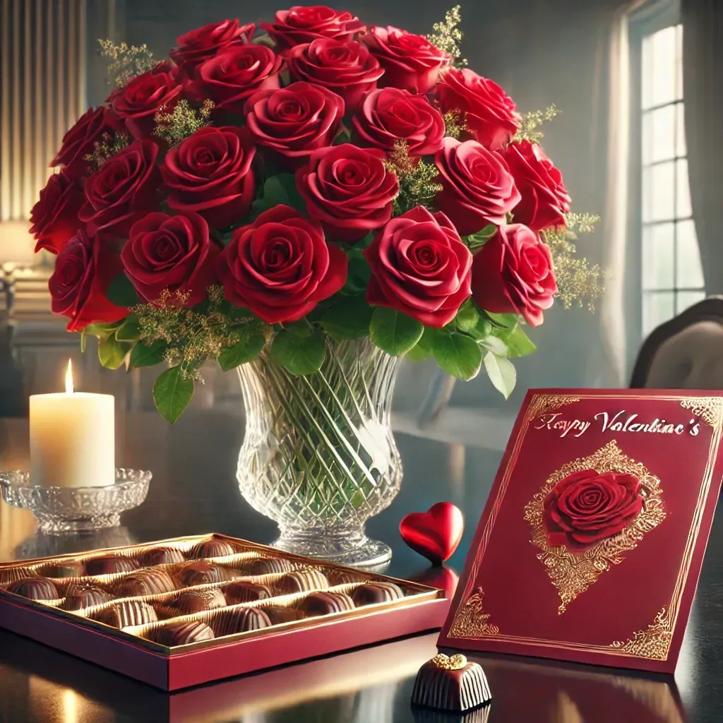 A picture with a vase of red roses, chocolate and a Valentines Card at Willow Dunes Country Club.