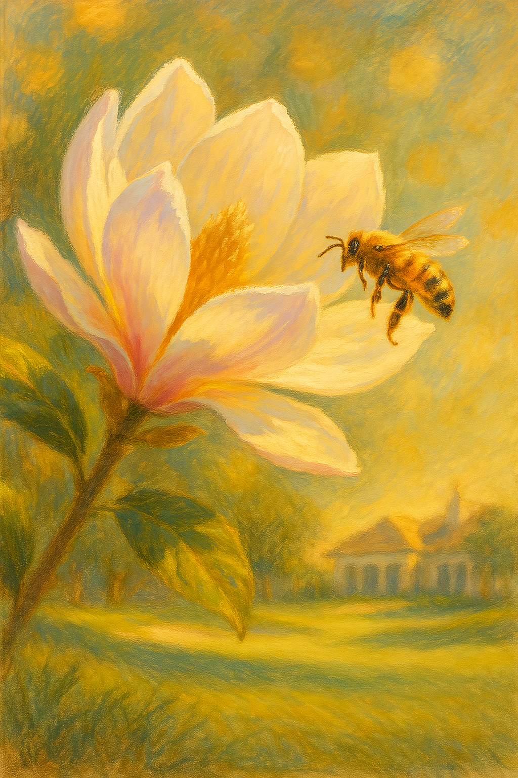 A painting of a bee flying over a flower.