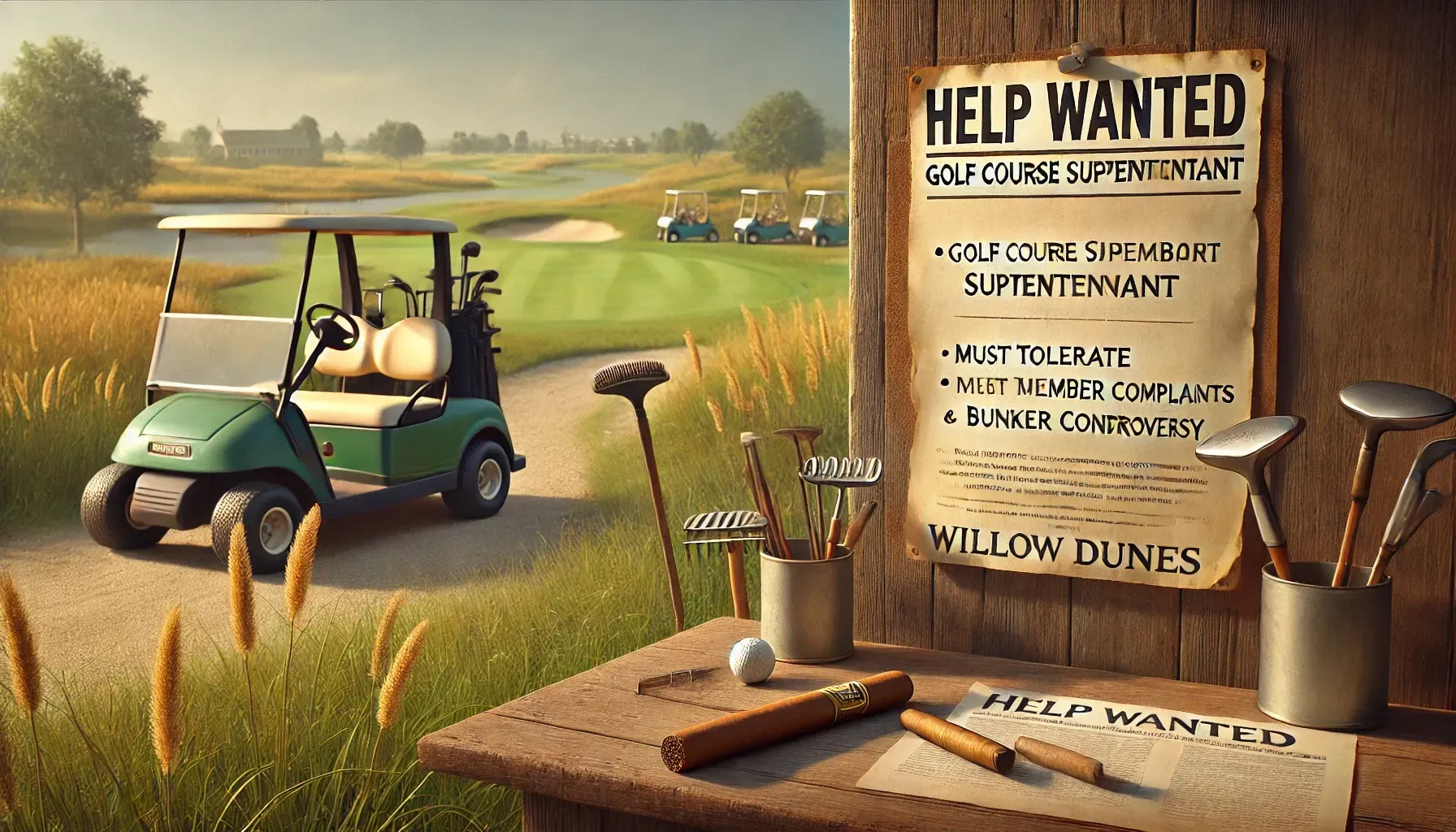 A golf cart is parked next to a help wanted sign for a Golf Course Superintendent.