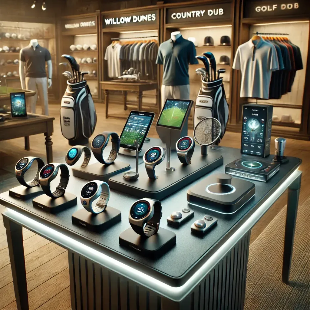 A table with a bunch of golf watches on it in a store.