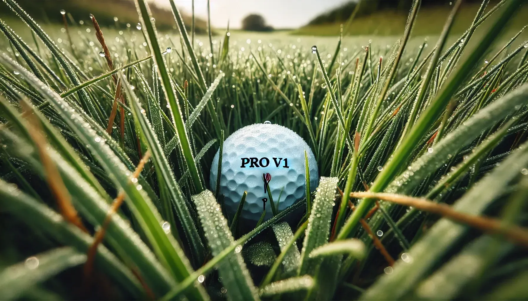 A golf ball is sitting in the grass on a golf course.