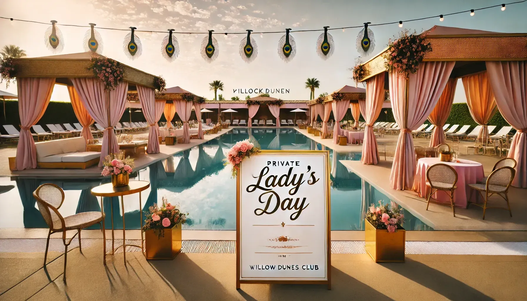 A sign for lady 's day is sitting next to a swimming pool at Willow Dunes Country Club.