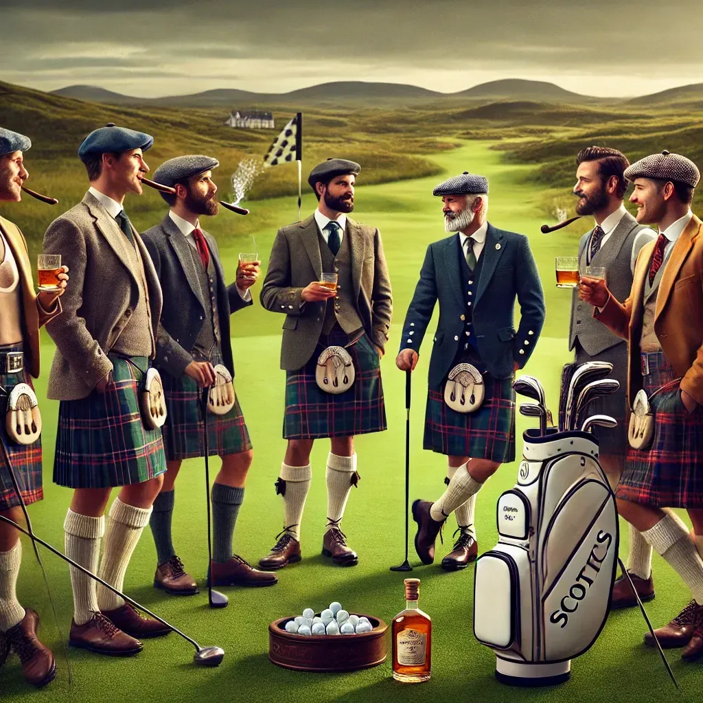 A group of men from Willow Dunes Country Club in kilts are standing on a golf course.