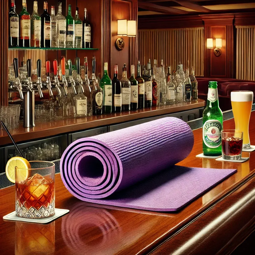 A yoga mat sits on a bar next to a bottle of heineken beer