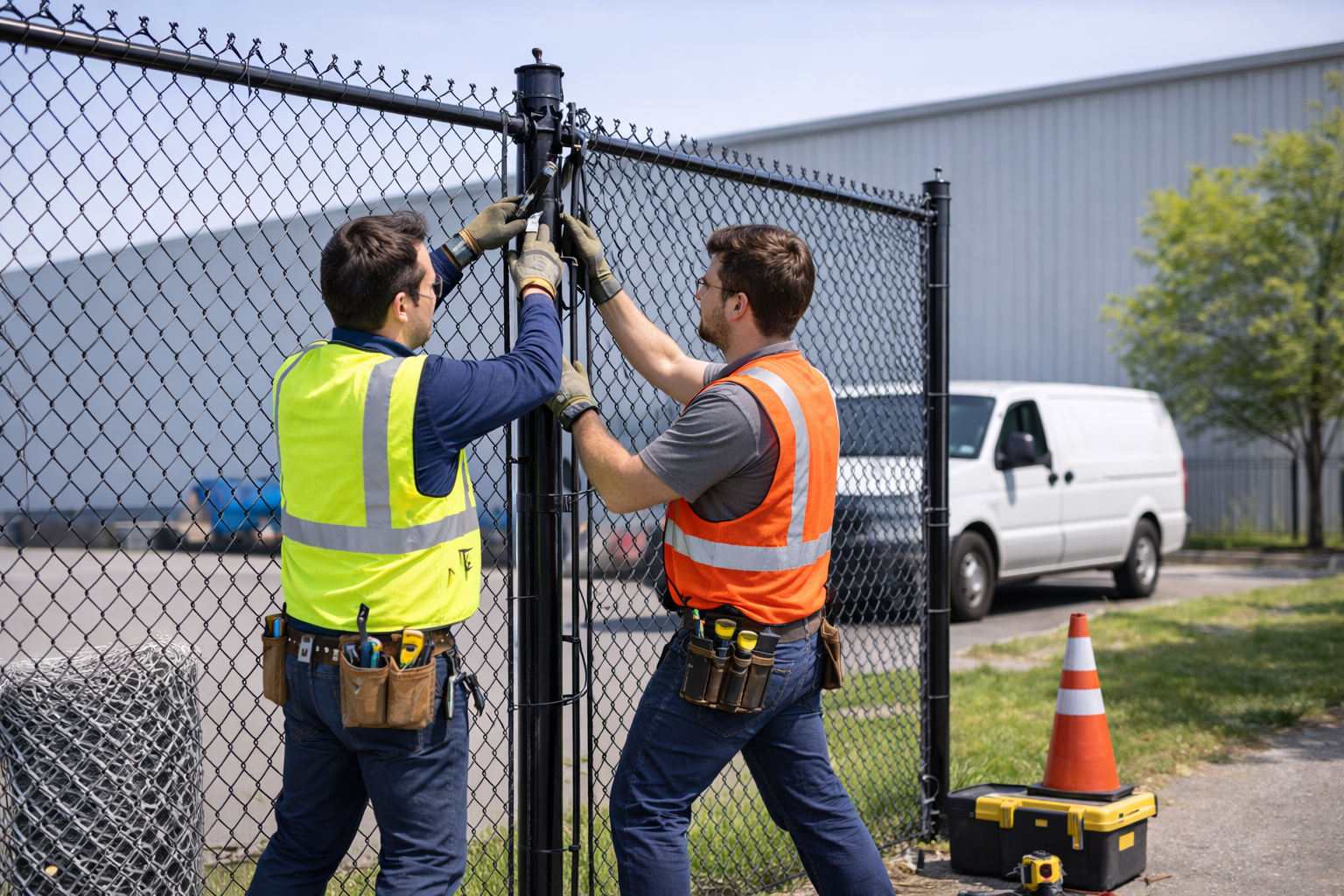 Two workers installing a black chain-link fence, wearing safety vests and using tools, near a white van.