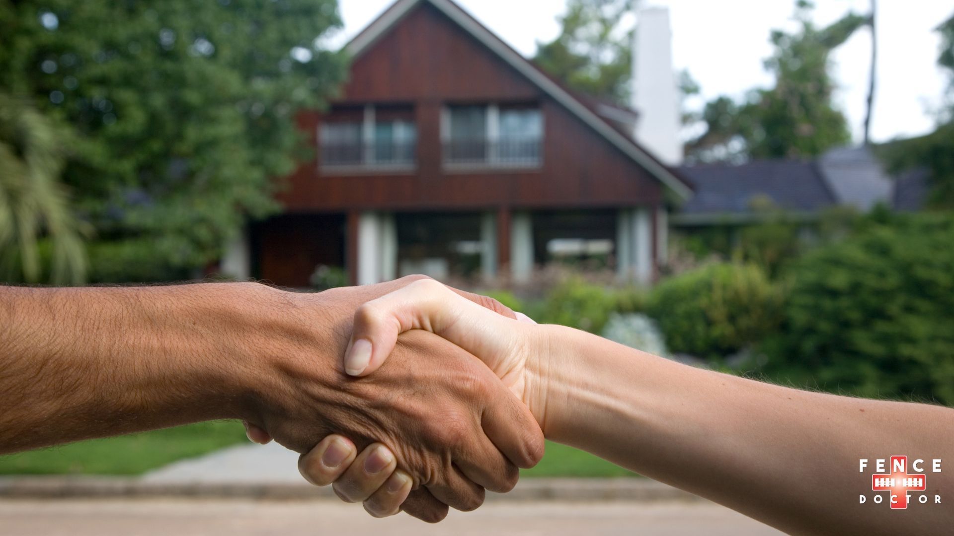 A man and woman shaking hands in front of a house in after purchasing a new fence in Hamilton Ga