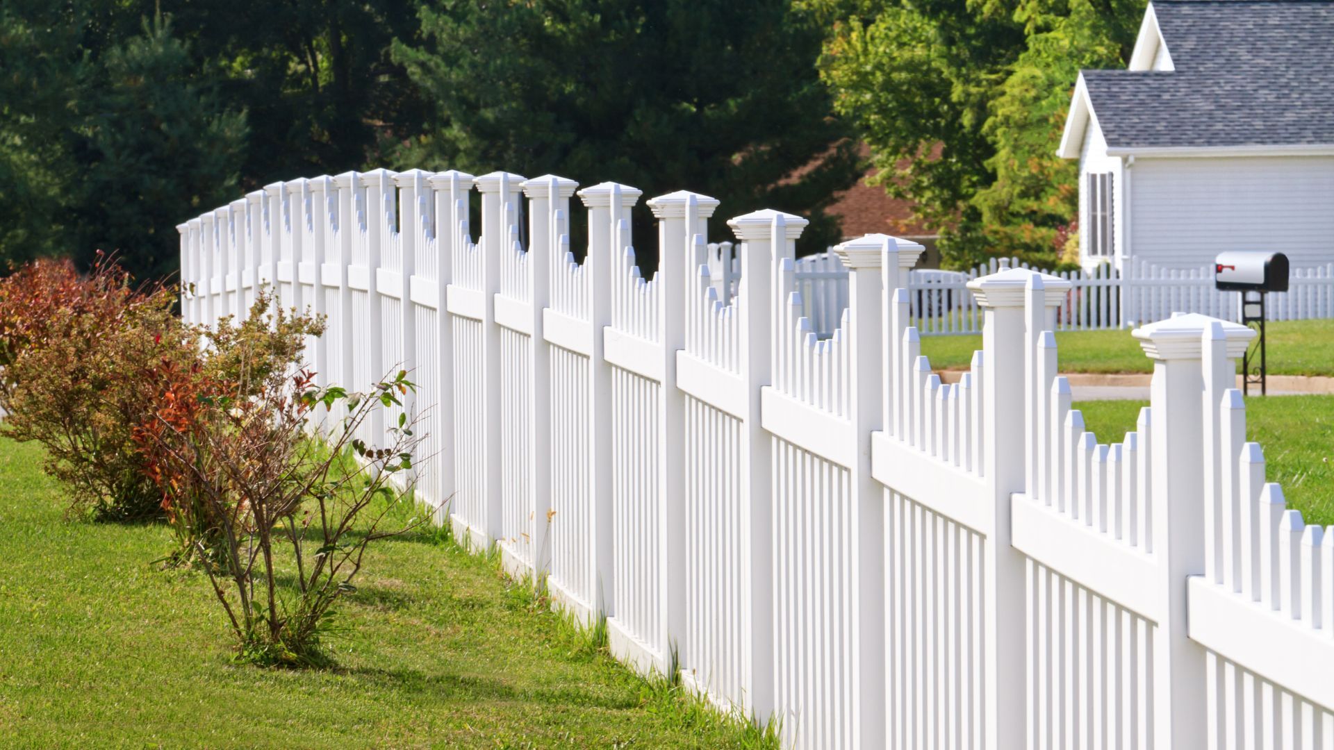 White picket fence along a grassy yard, with bushes and a house in the background.