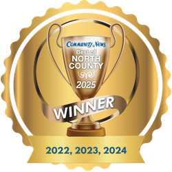 Gold “Best of North County 2025” winner badge with trophy and “2022, 2023, 2024” ribbon