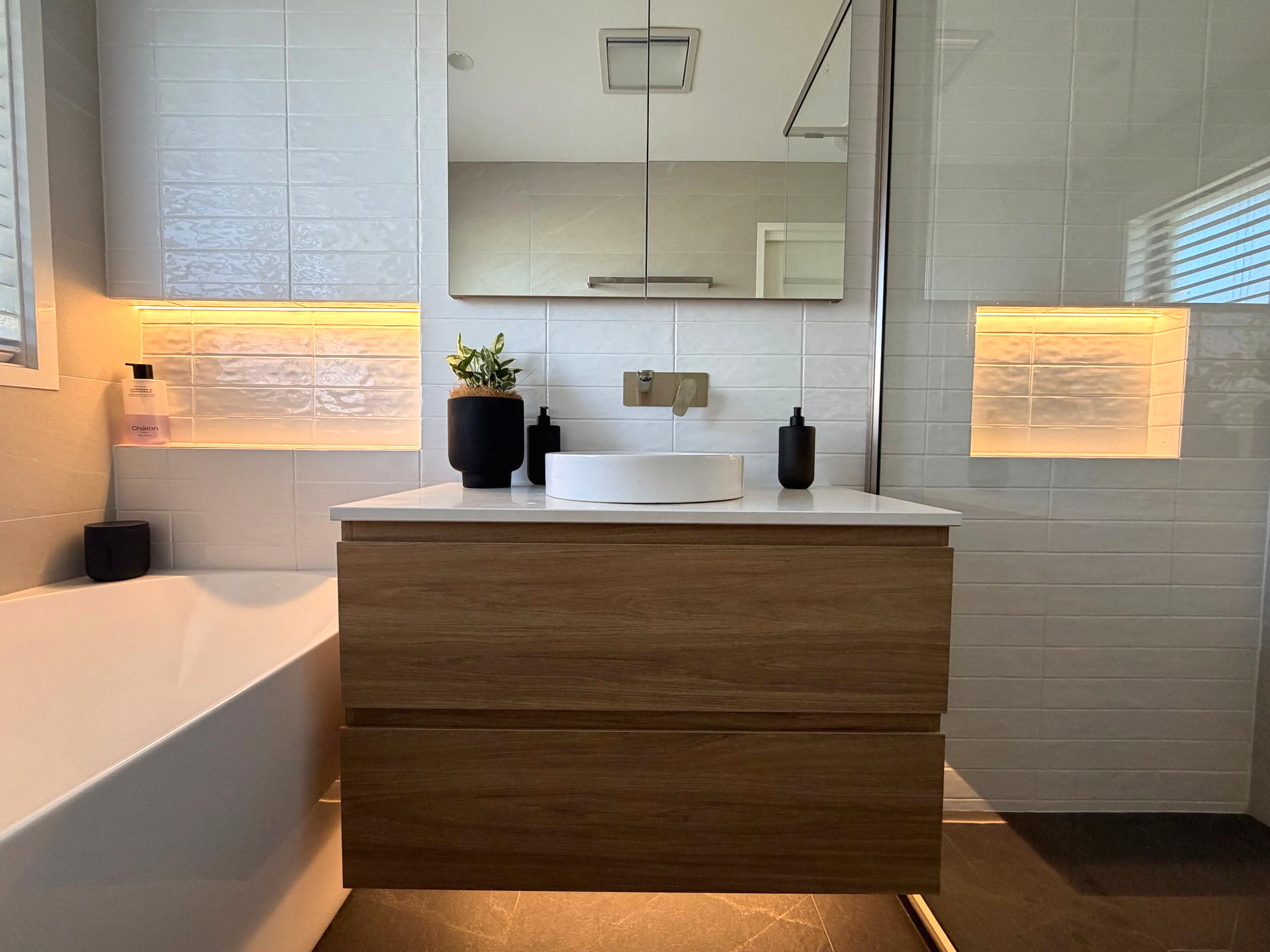Bright Modern Bathroom With White Subway Tiles — Straight up Building Projects in Holt, ACT