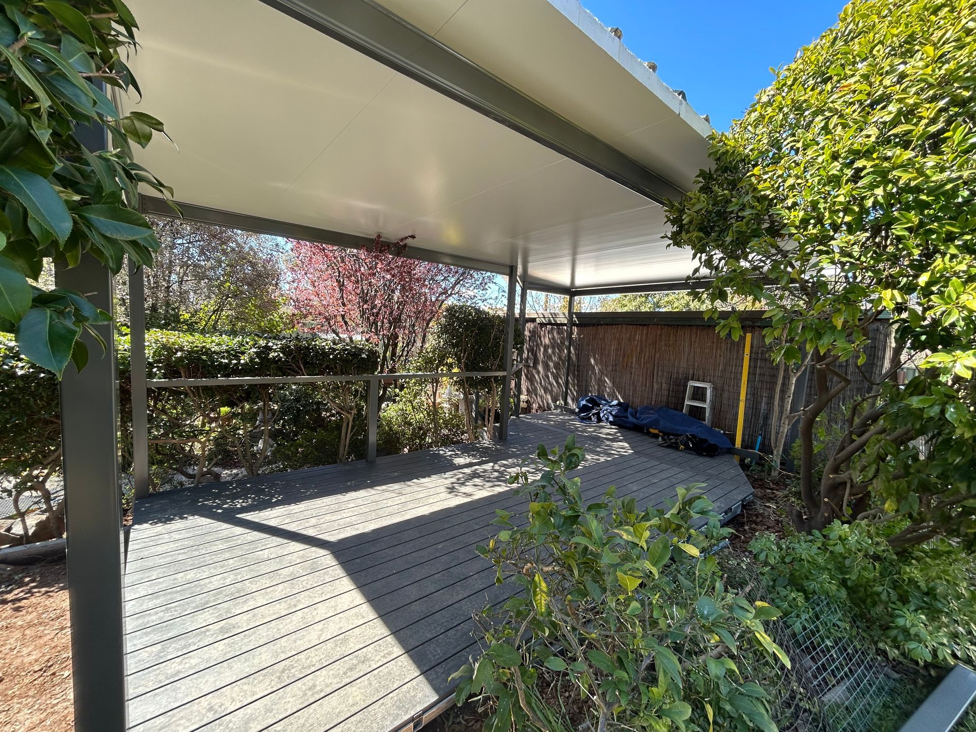A covered wooden deck in a sunlit backyard, surrounded by lush green trees and foliage.  — Straight up Building Projects in Holt, ACT