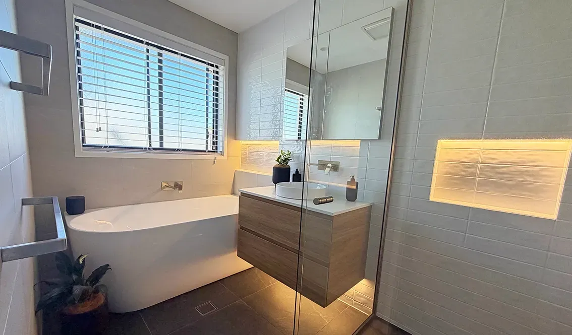 Modern Bathroom With Wooden Vanity — Straight up Building Projects in Belconnen, ACT