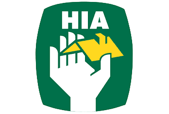 The HIA logo features a white hand holding a yellow house roof silhouette inside a green, barrel-shaped container.